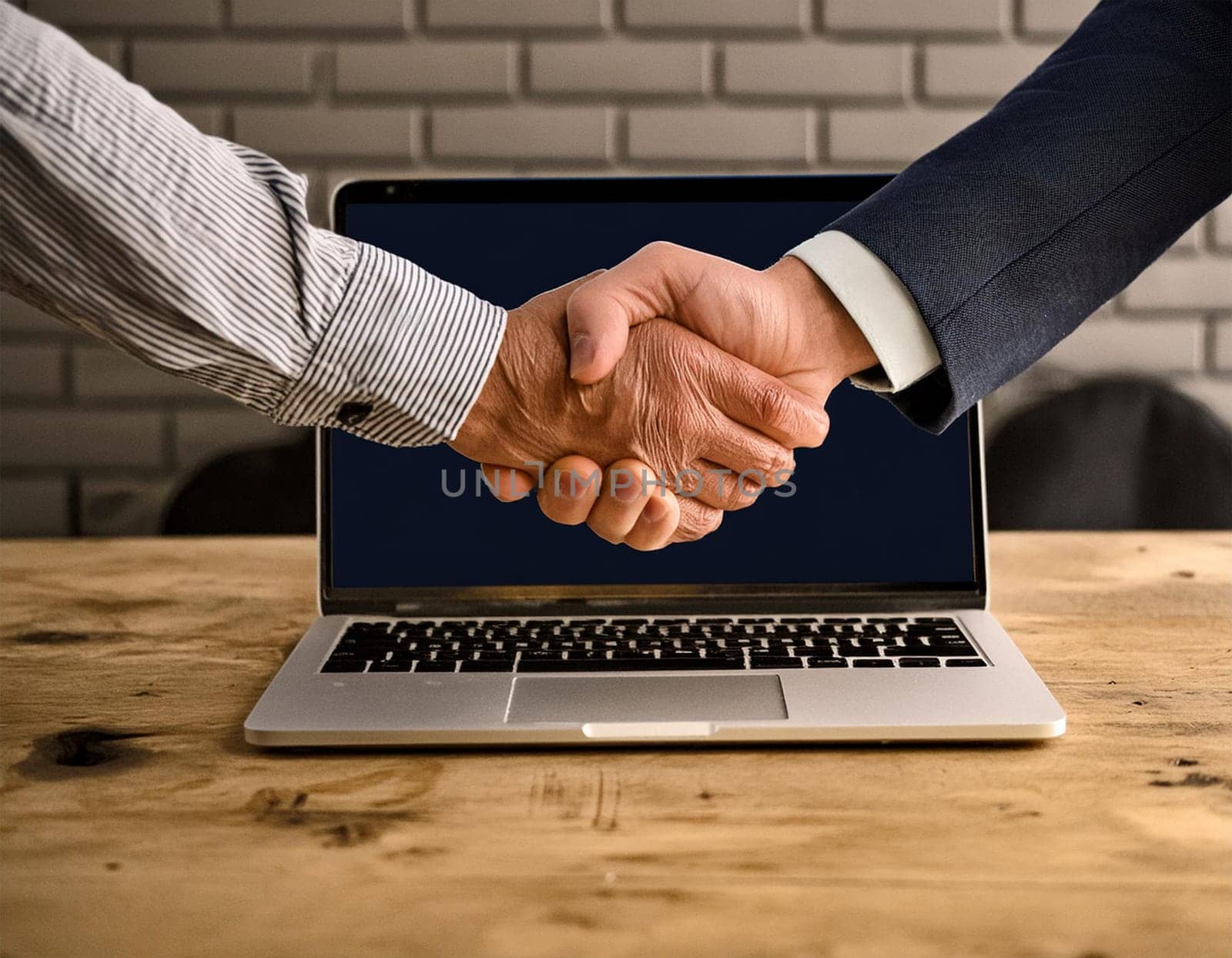 Handshake concept between a businessman and a person from the laptop screen.