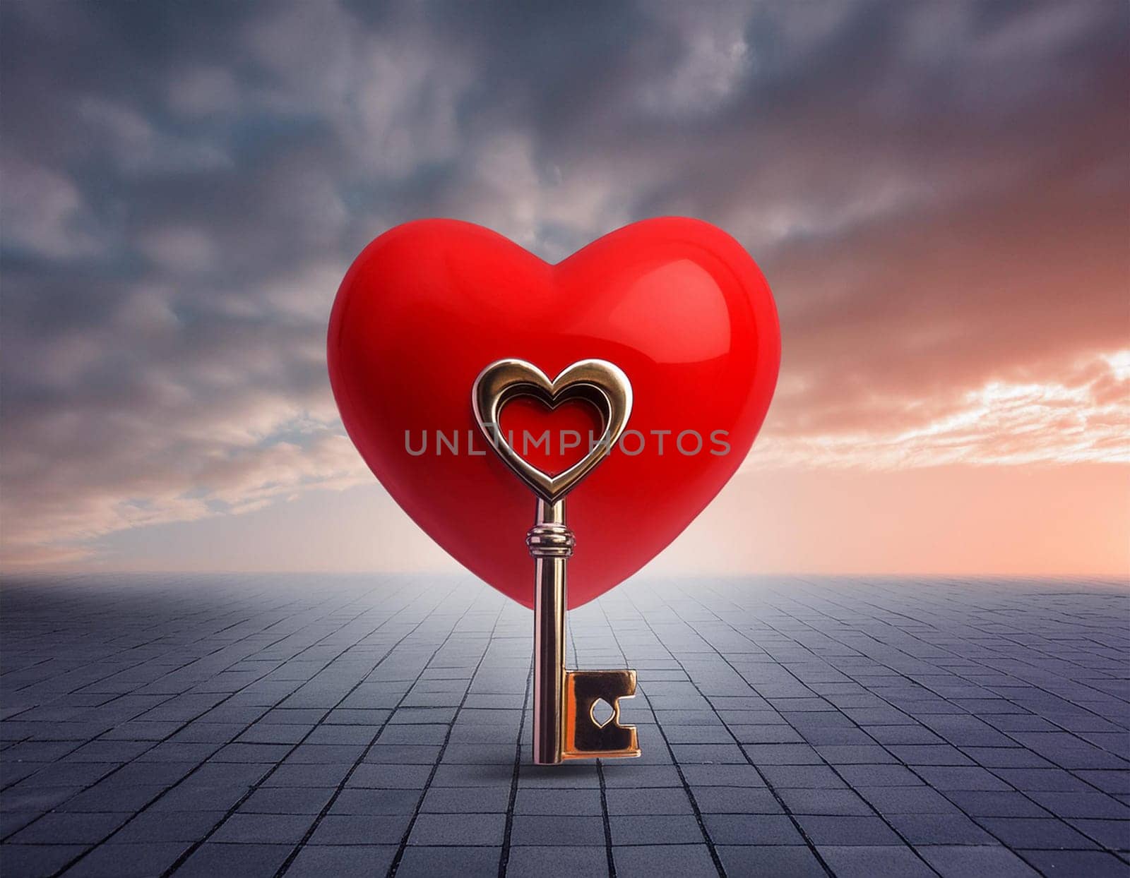 Small hand carved red heart with gold key on rustic wooden table - the key to your heart concept
