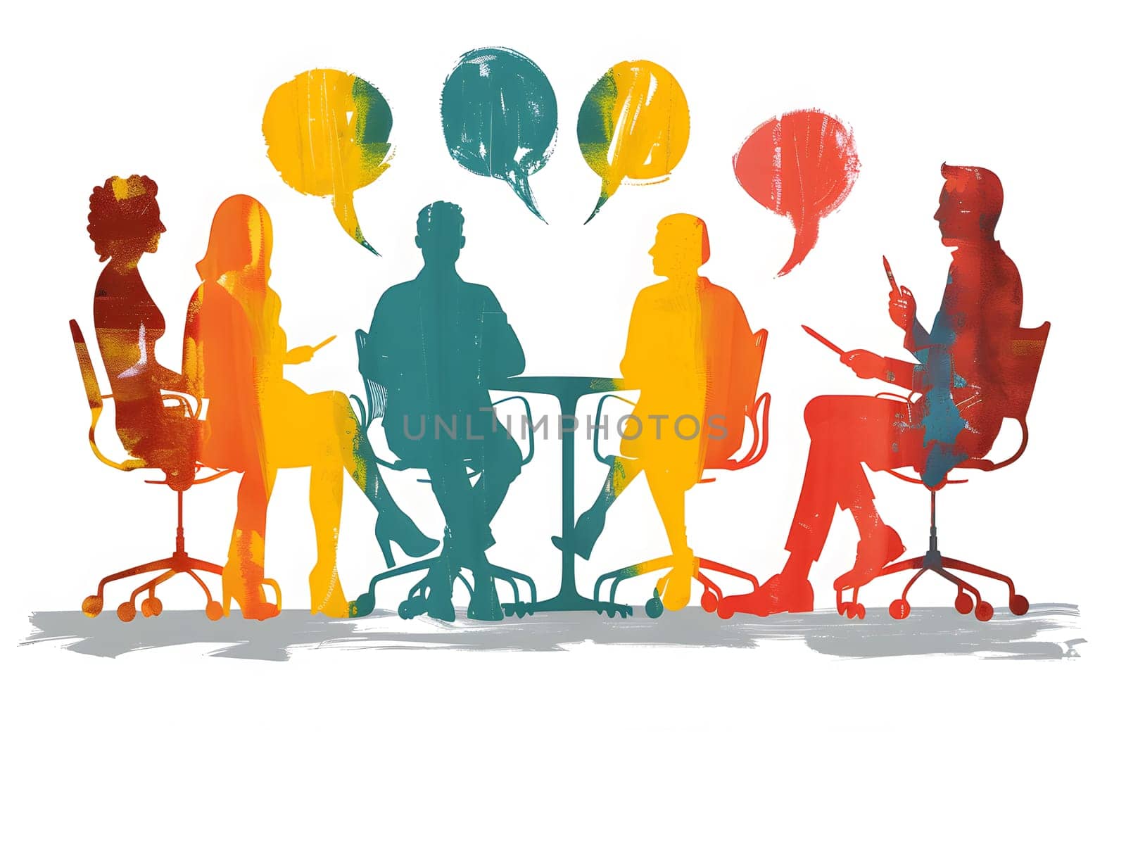 a group of people are sitting around a table with speech bubbles by Nadtochiy