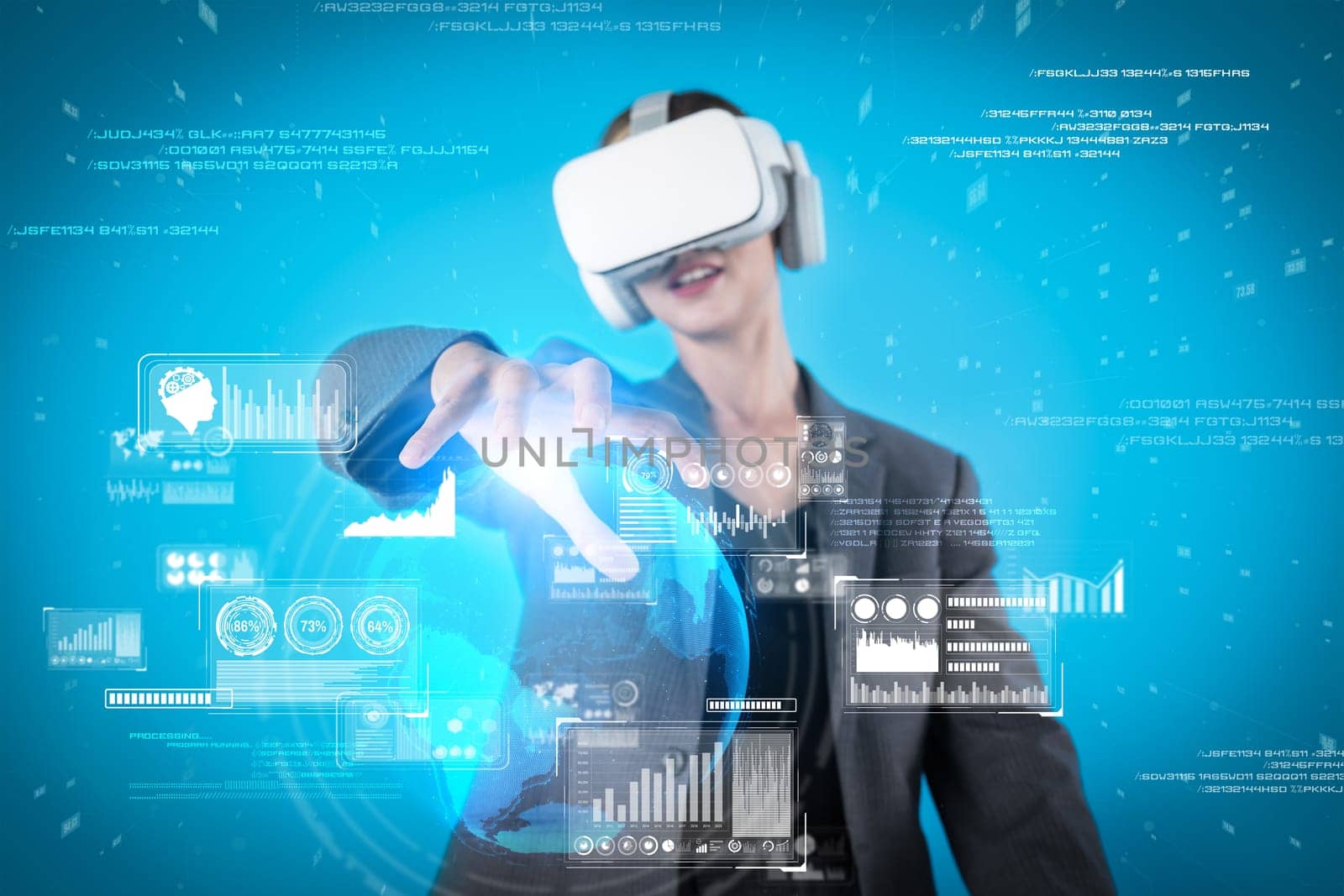 Caucasian business woman using VR goggle to look at financial data analysis while standing at hologram marketing strategy holographic. Smart project manager looking at stock market chart. Contraption.