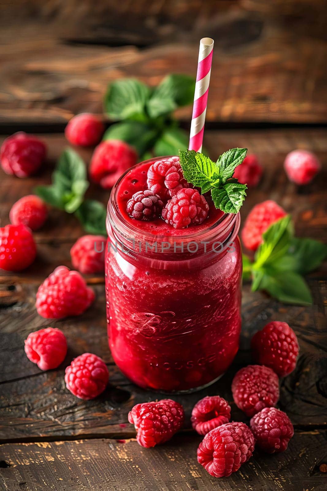 glass of raspberry smoothie on wooden background, drink Generative Ai,
