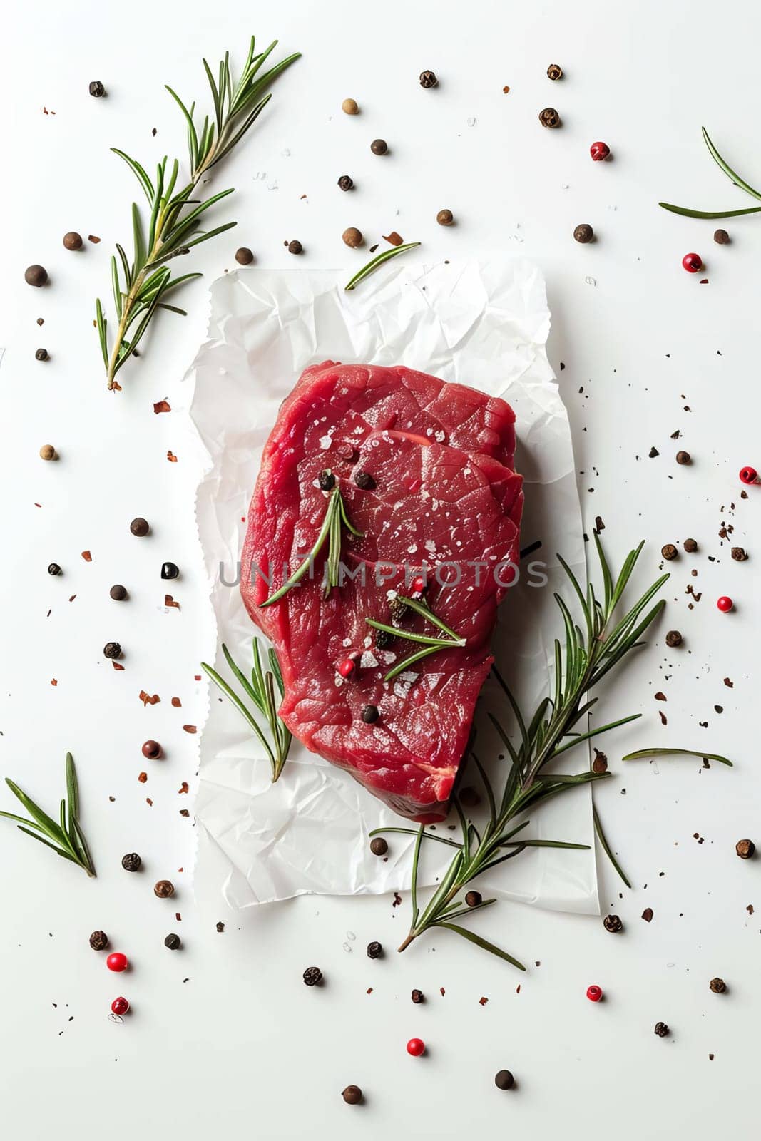 fresh meat steak with rosemary and black pepper on a white table, food Generative AI,