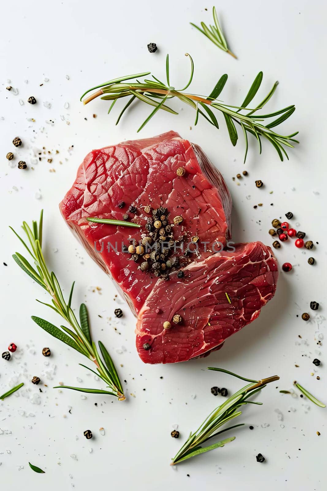 fresh meat steak with rosemary and black pepper on a white table, Generative Ai, by mila1784