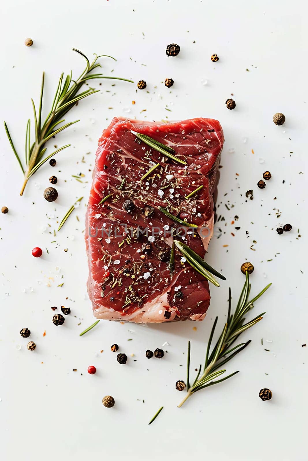 fresh meat steak with rosemary and black pepper on a white table, Generative Ai, by mila1784