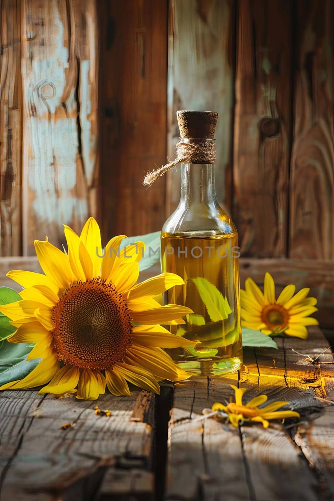 sunflower oil extract on wooden background, Generative AI, by mila1784