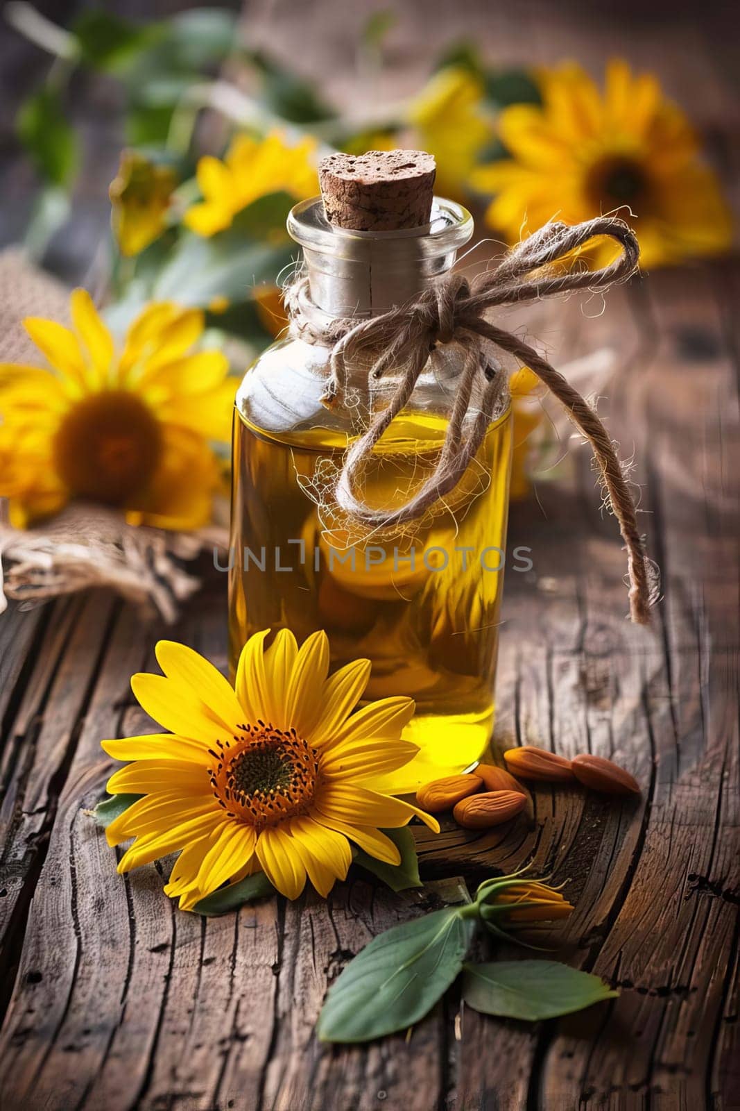sunflower oil extract on wooden background, nature, Generative AI,