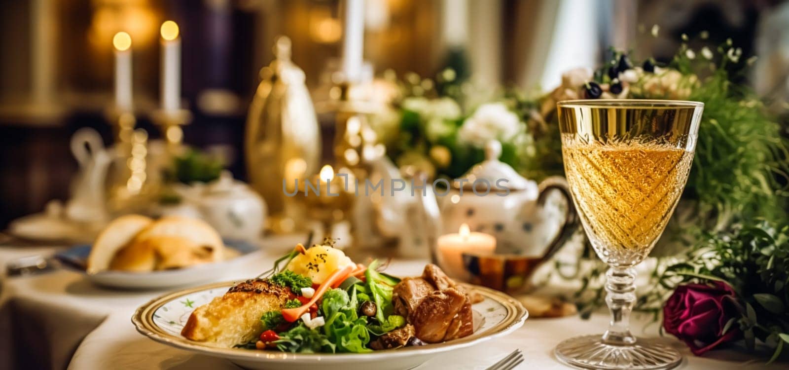 Luxury food service, main course served at a restaurant or formal dinner event in classic English style in the luxurious hotel or country estate, generative ai by Anneleven