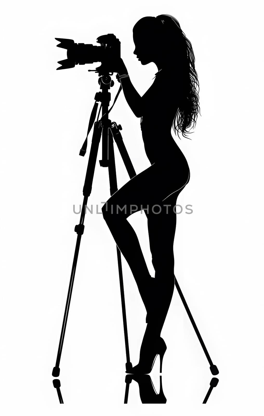 An illustration of a woman striking a pose with a camera on a tripod, capturing a moment in nature. Her silhouette creates a beautiful balance of light and shadow