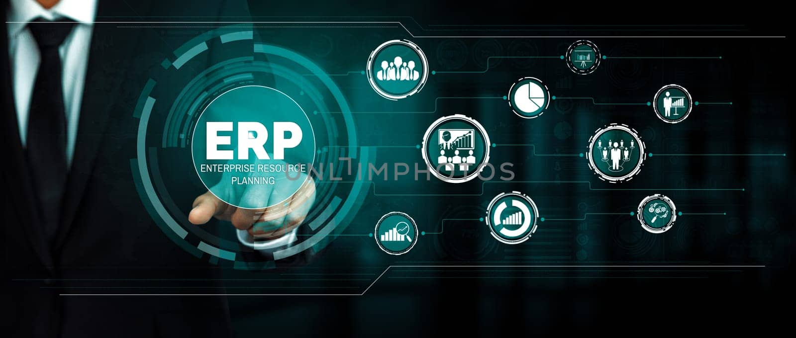 Enterprise Resource Management ERP software system for business resources plan presented in modern graphic interface showing future technology to manage company enterprise resource. uds