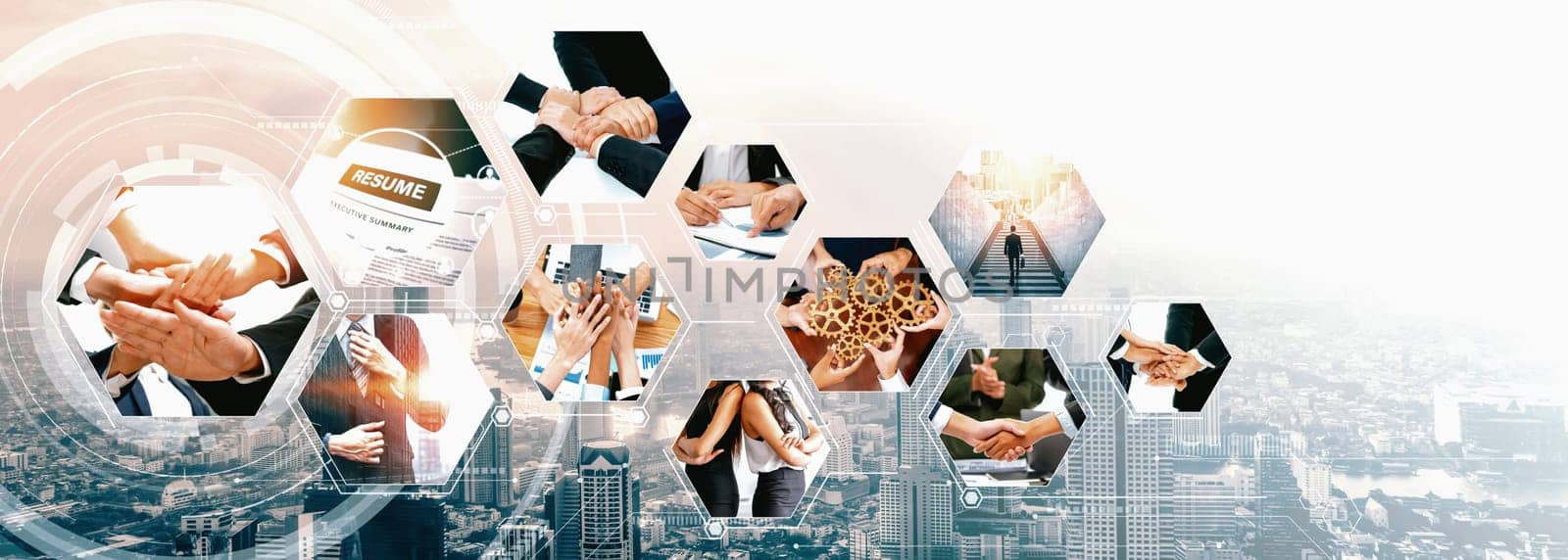 Teamwork and human resources HR management technology concept in corporate business with people group networking to support partnership, trust, teamwork and unity of coworkers in office vexel