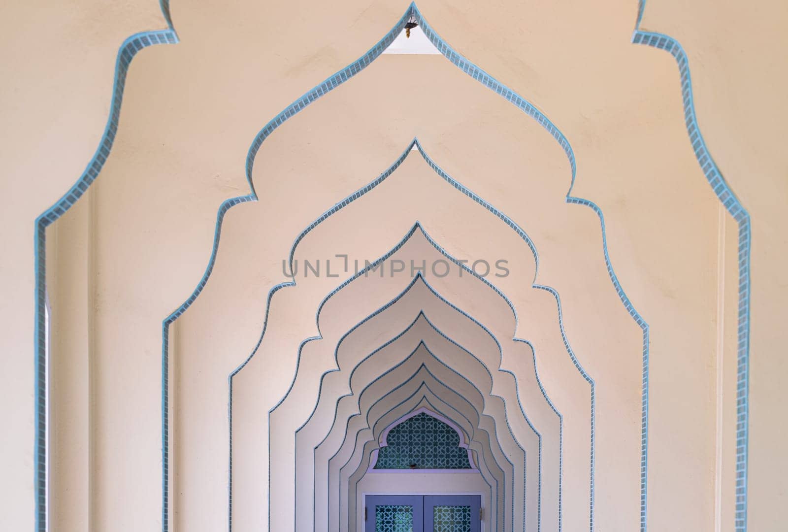 Interior diminishing perspective view of hallway along with gable partitions wall at Bang O mosque. by tosirikul