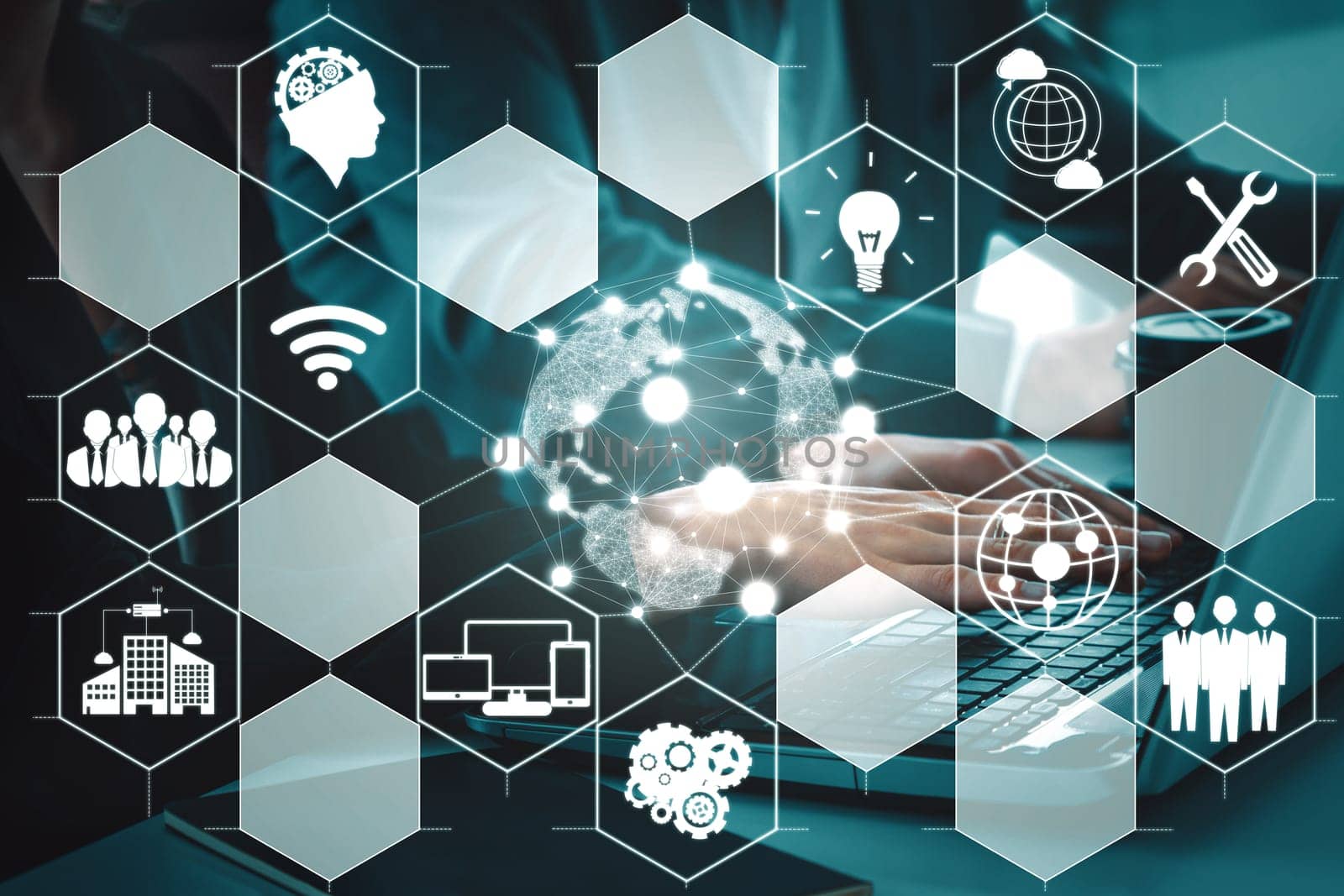 AI Learning and Artificial Intelligence Concept - Icon Graphic Interface showing computer, machine thinking and AI Artificial Intelligence of Digital Robotic Devices. uds