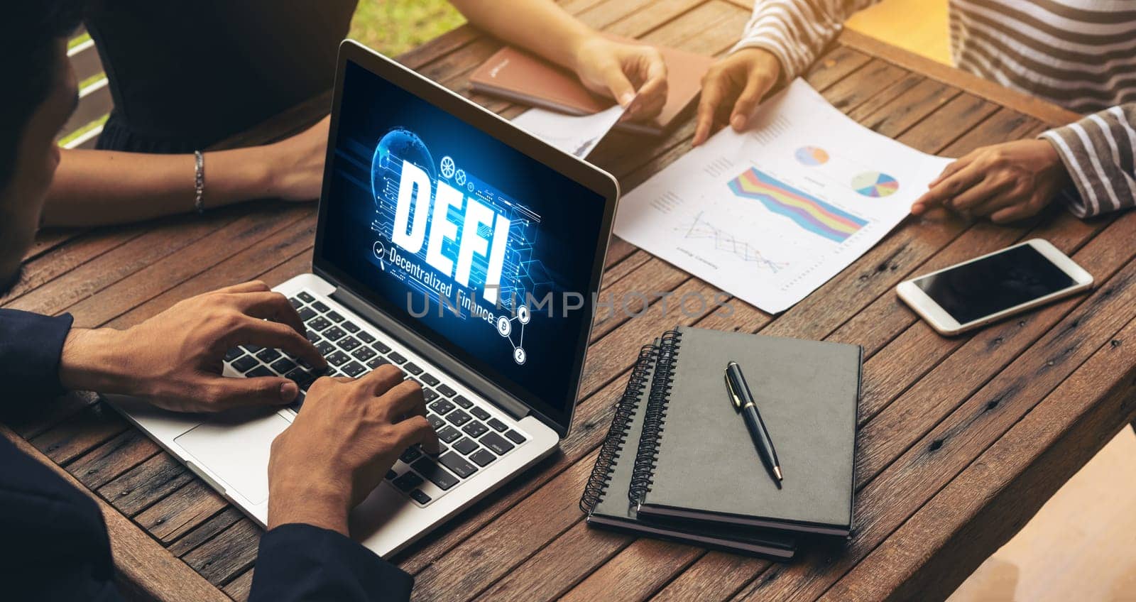 Decentralized finance or DeFi concept on modish computer screen . The defi system give new choice of investment and money saving .