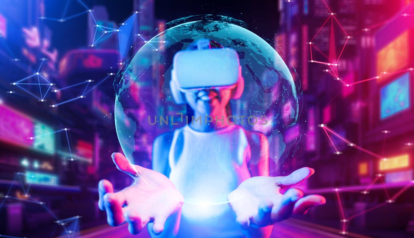 Smart female stand in virtual reality cyberpunk style building of meta wear VR headset connect metaverse, future cyberspace community technology, Woman see and hold 3D globe hologram. Hallucination.