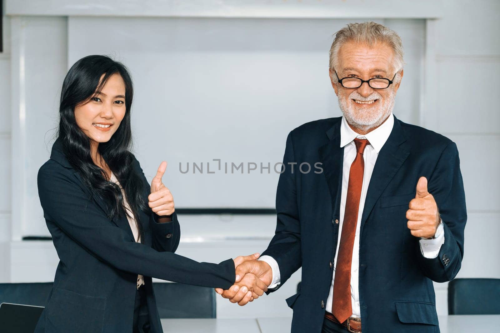 Senior executive manager and young businesswoman working in meeting room in the office. The woman is secretary or translator. International business language translation concept. uds