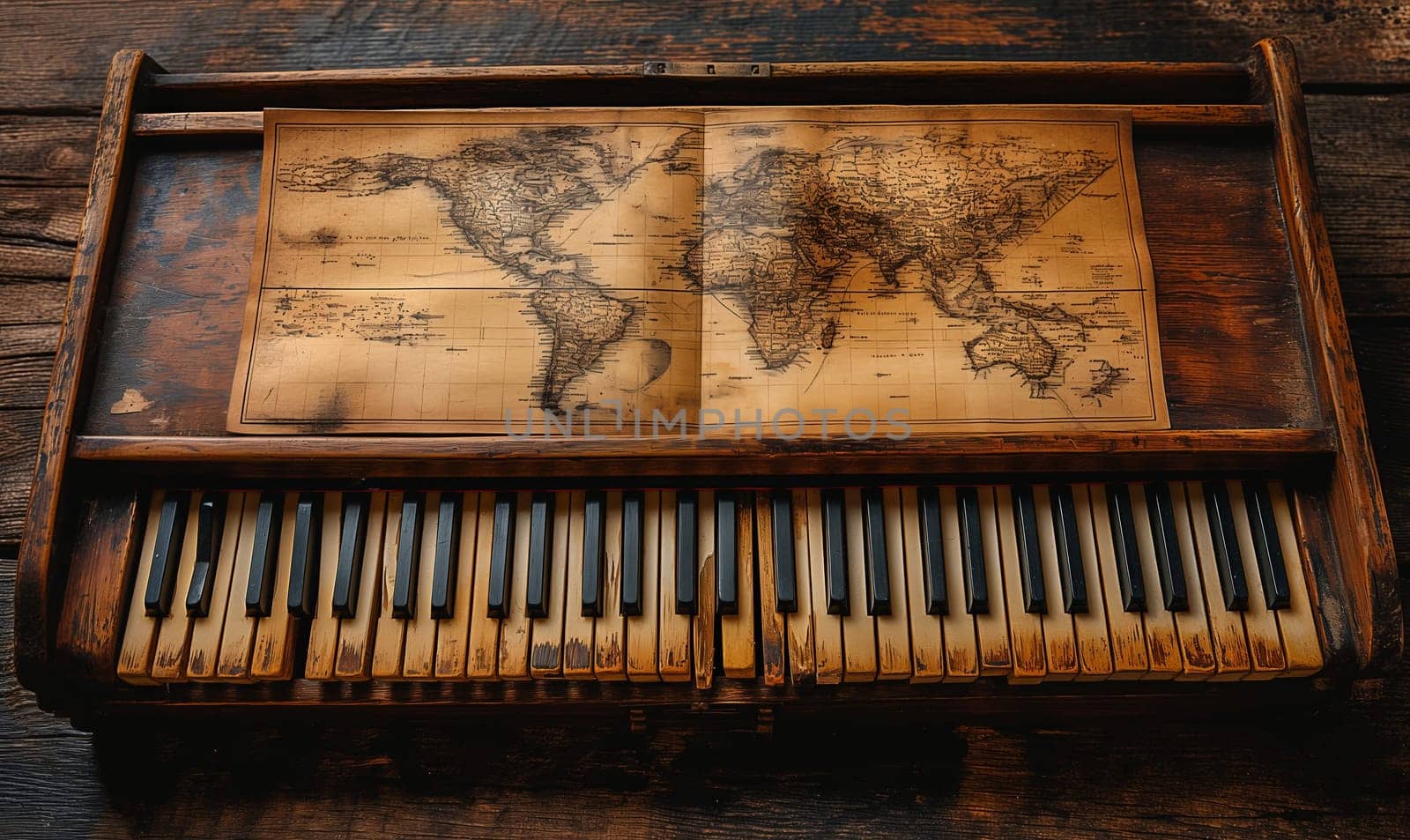 A vintage piano adorned with a map on its surface.