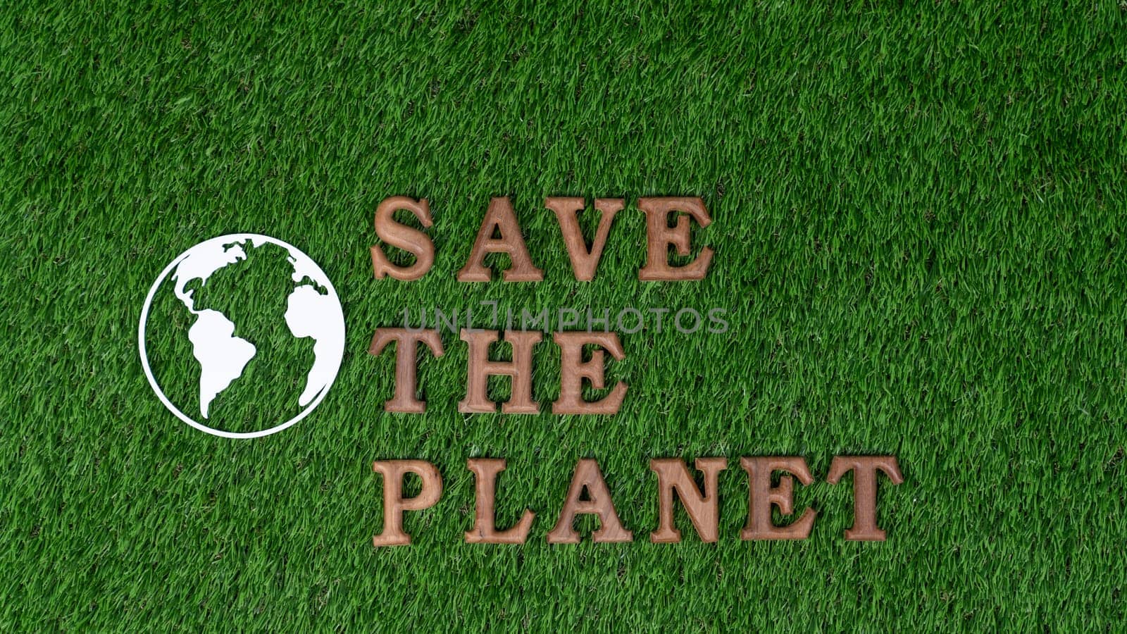 Eco awareness campaign for Earth day concept showcase message arranged in Save Earth on biophilic green background. Environmental social governance concept idea for sustainable and greener future.Gyre
