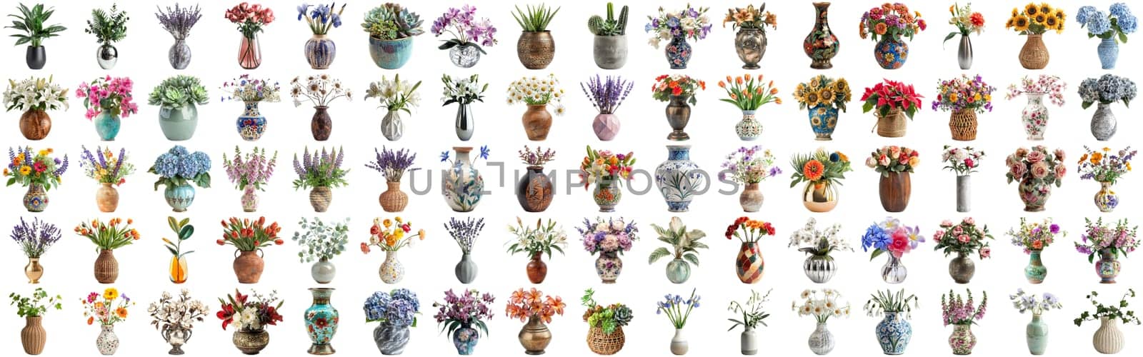 Many flower and plant in vase set of different flower and docoration style of red rose, gebera, sunflower, aloe vera, lavender, orchid and many more flowers, isolated on transparent background AIG44