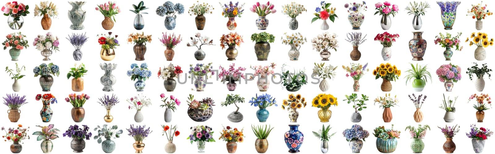 Many flower and plant in vase set of different flower and docoration style of red rose, gebera, sunflower, aloe vera, lavender, orchid and many more flowers, isolated on transparent background AIG44