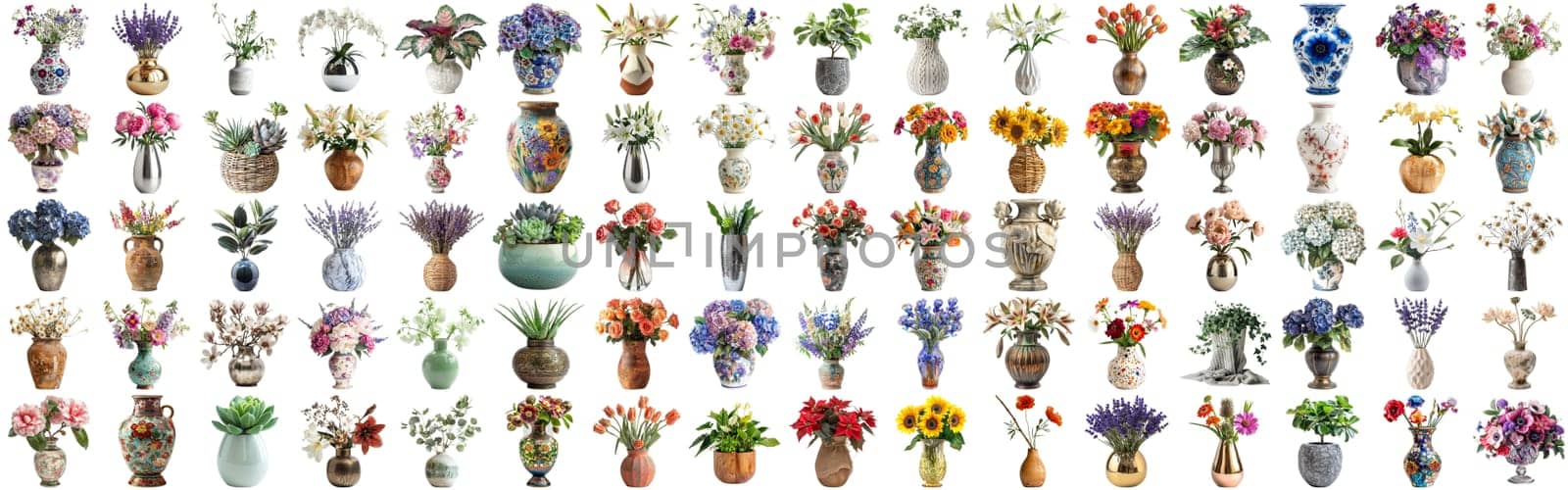 Many flower and plant in vase set of different flower and docoration style of red rose, gebera, sunflower, aloe vera, lavender, orchid and many more flowers, isolated on transparent background AIG44