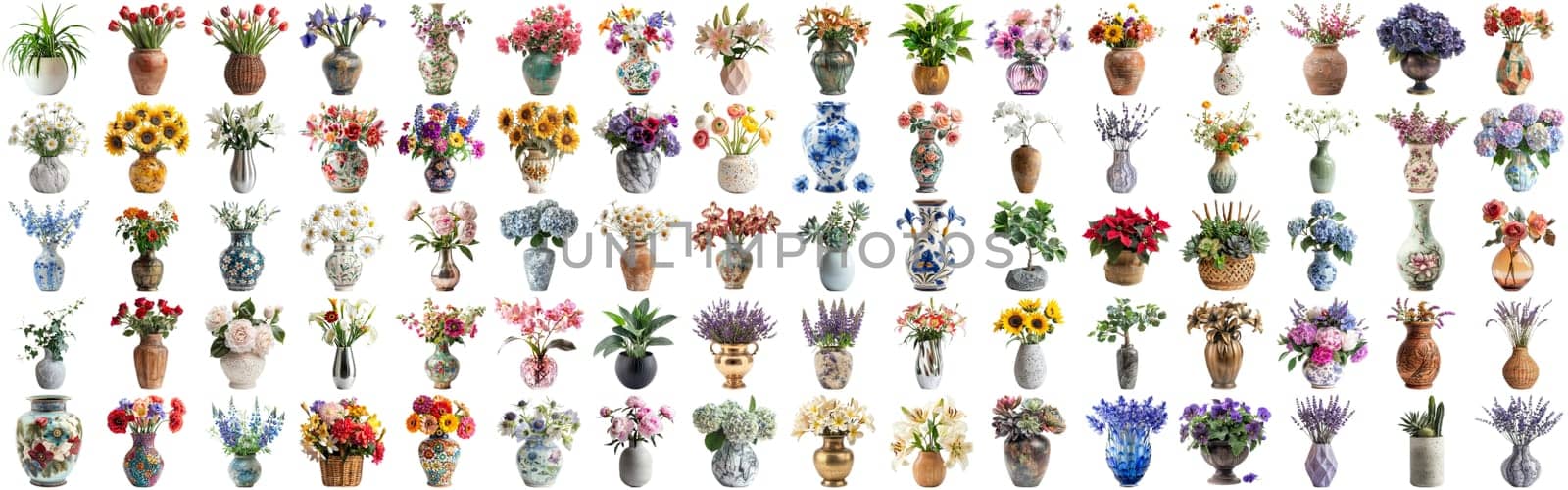 Many flower and plant in vase set of different flower and docoration style of red rose, gebera, sunflower, aloe vera, lavender, orchid and many more flowers, isolated on transparent background AIG44