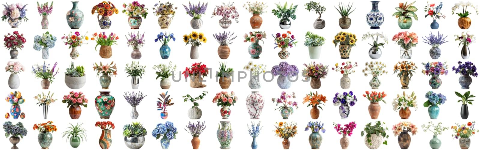 Many flower and plant in vase set of different flower and docoration style of red rose, gebera, sunflower, aloe vera, lavender, orchid and many more flowers, isolated on transparent background AIG44