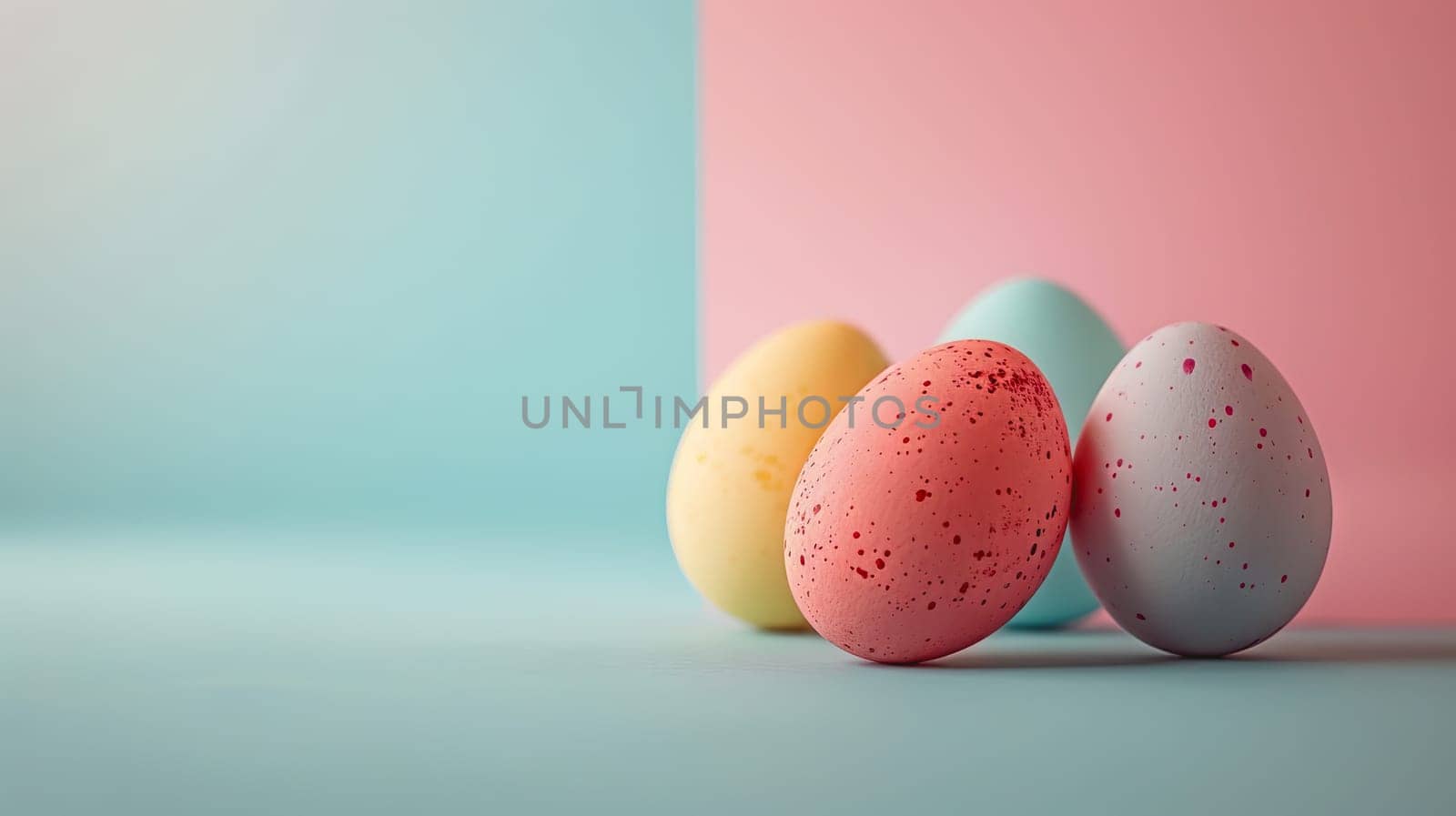 Easter eggs on blank background with pastel colours, leaving ample space for text