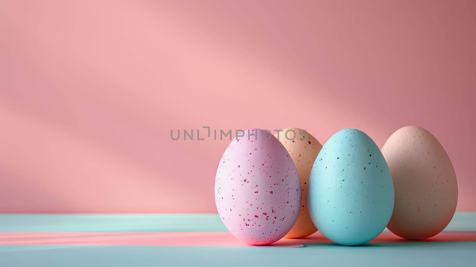 Easter eggs on blank background with pastel colours, leaving ample space for text