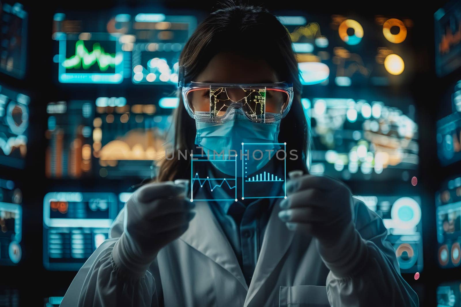 scientist is using a high tech dashboard to analyze science and Research data, technology futuristic.