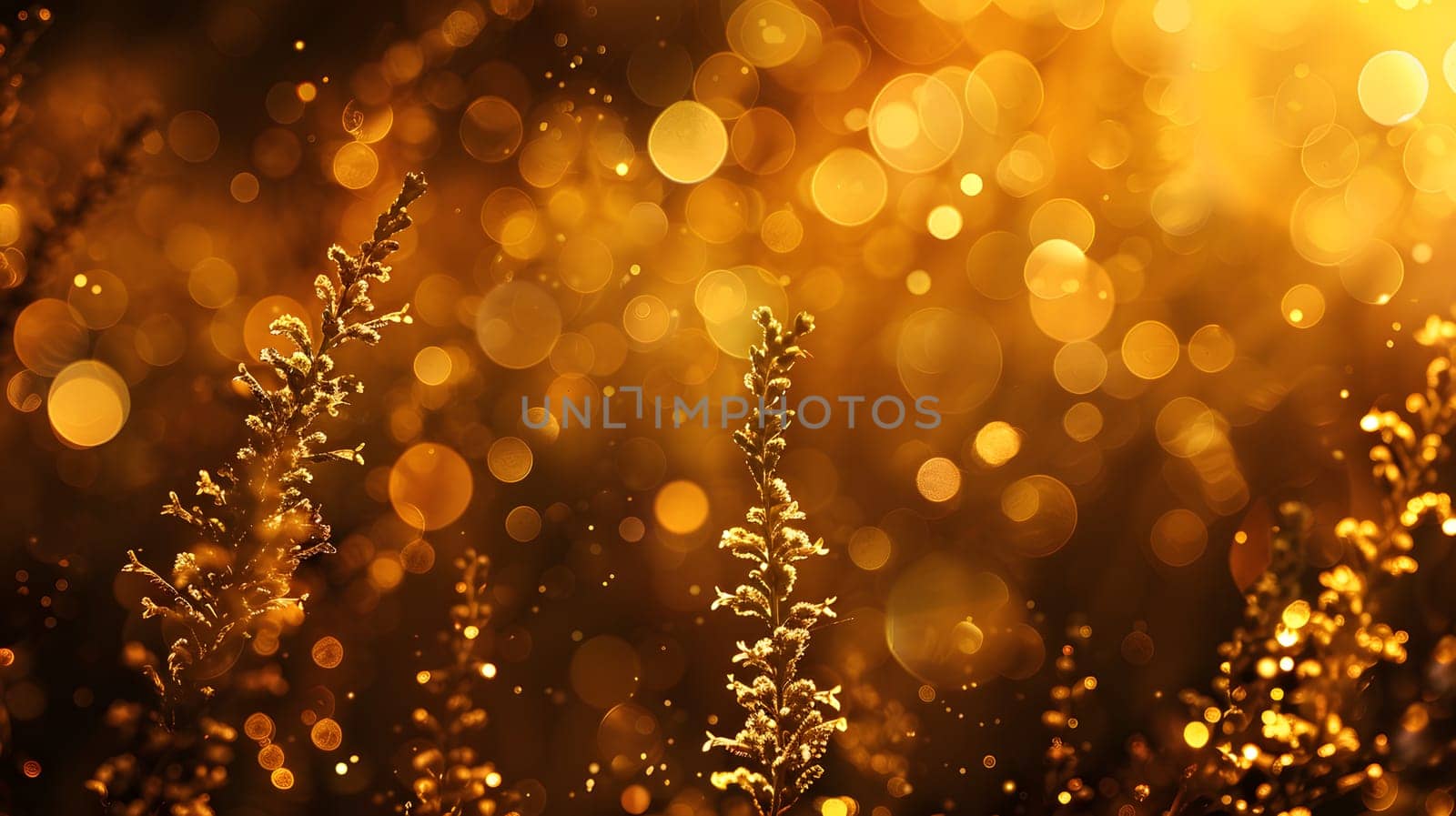 A golden sun shines through the trees onto a field of flowers, creating a blurry image of a natural landscape with amber hues and a hint of winter in the air