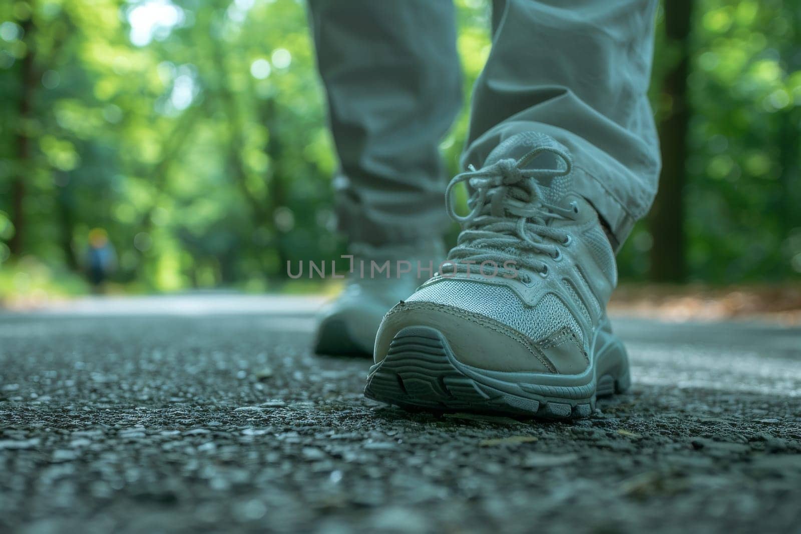 A person is walking through a forest with leaves on the ground. The person is wearing a pair of white shoes