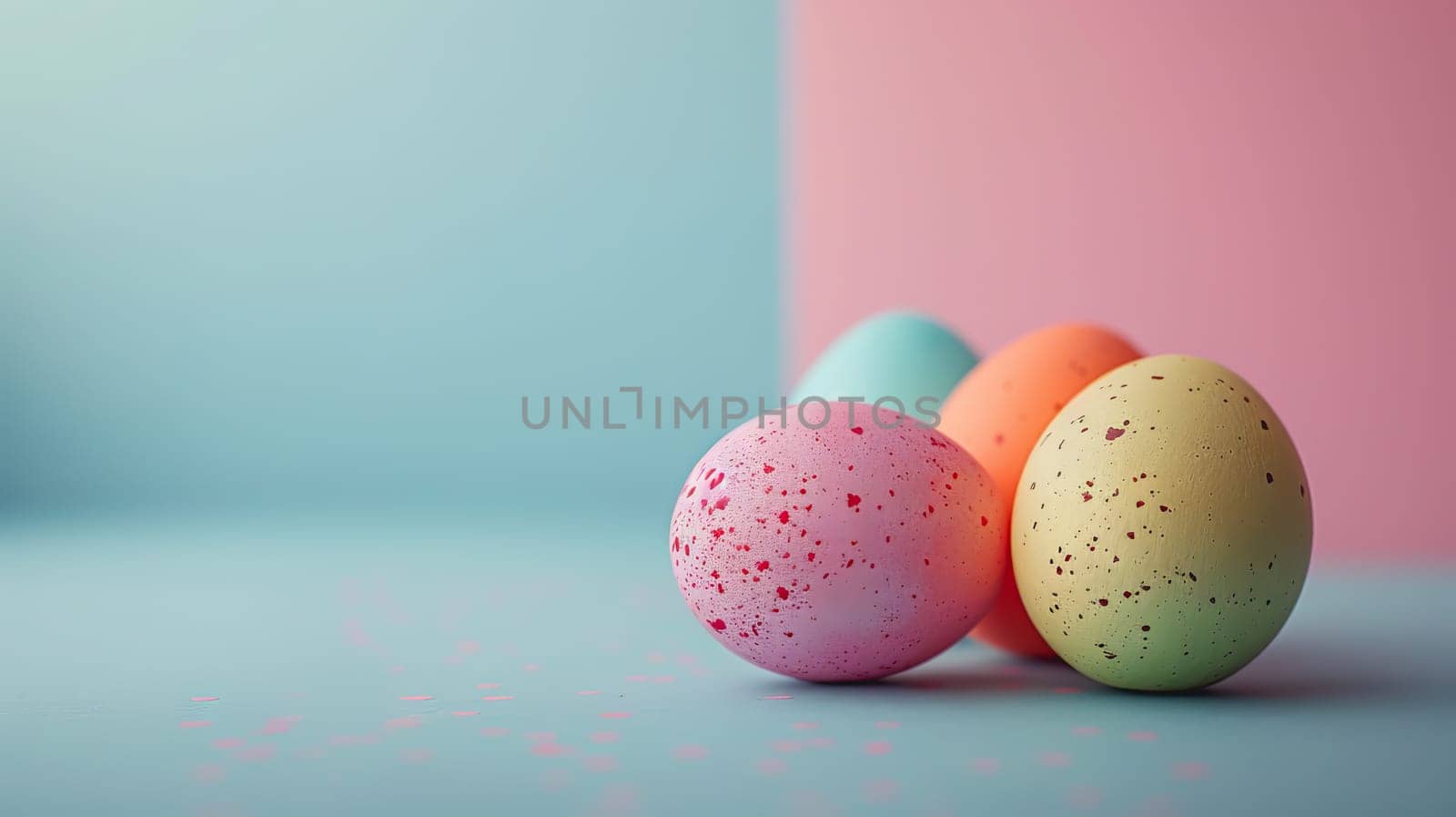 Easter eggs on blank background with pastel colours, leaving ample space for text