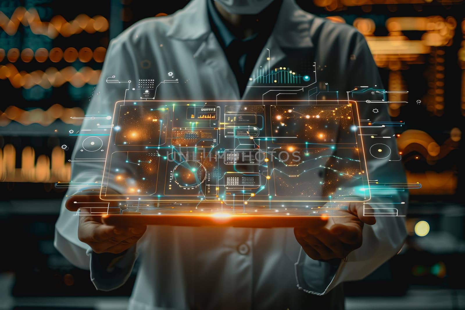 scientist is using a high tech dashboard to analyze science and Research data, technology futuristic.