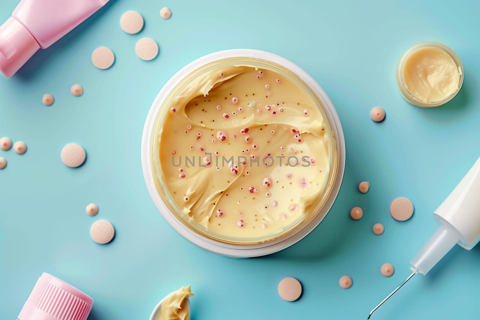 A bowl filled with yellow cream sits next to a baby bottle on a table. This cream is used for the treatment of chickenpox ulcers.