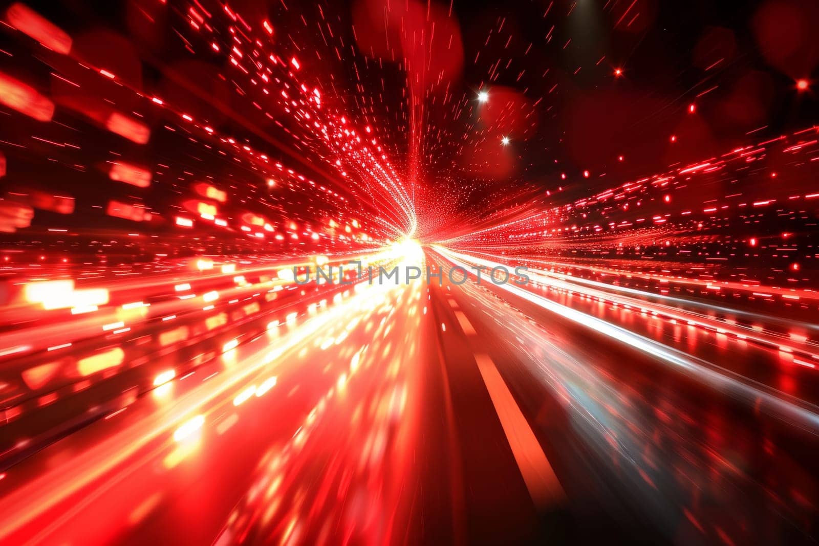 A red light is shown in the middle of a road. The light is surrounded by a blur of red and yellow lights. The scene is set in a city, with cars driving down the road