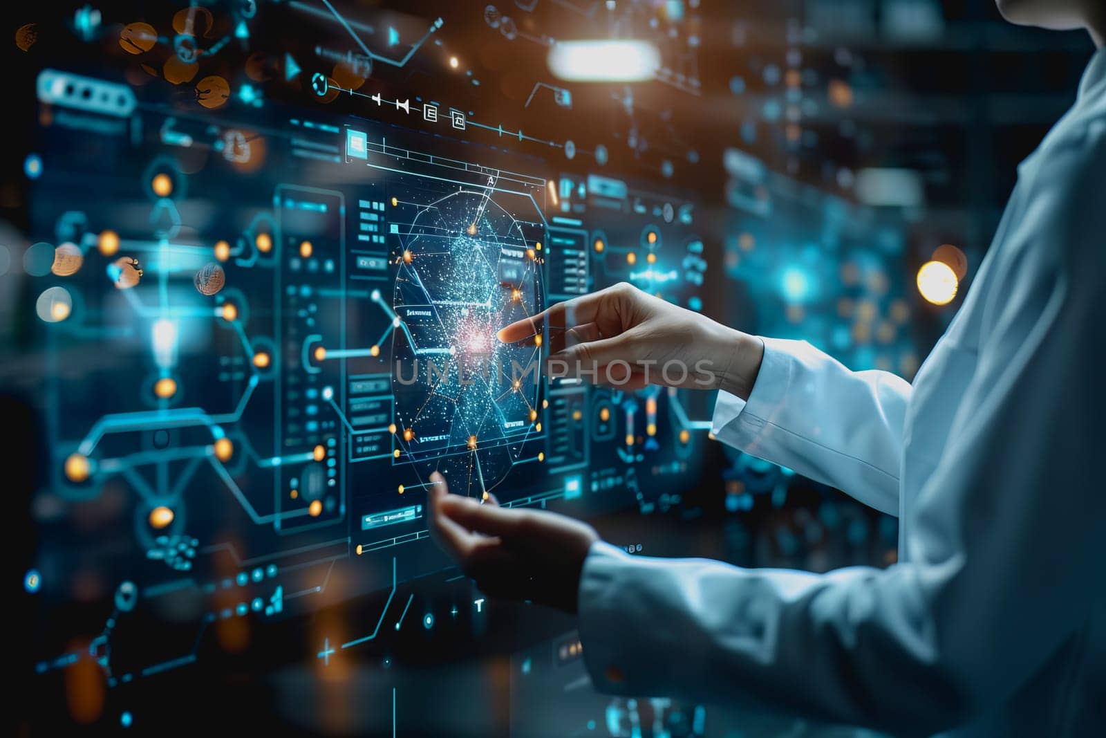 scientist is using a high tech dashboard to analyze science and Research data, technology futuristic.