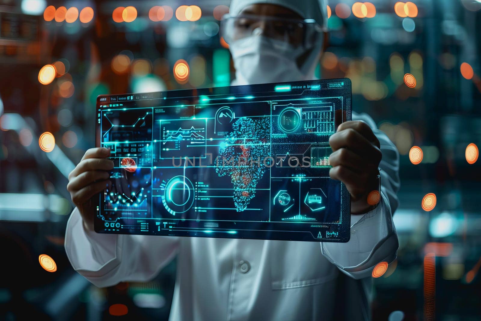 scientist is using a high tech dashboard to analyze science and Research data, technology futuristic.