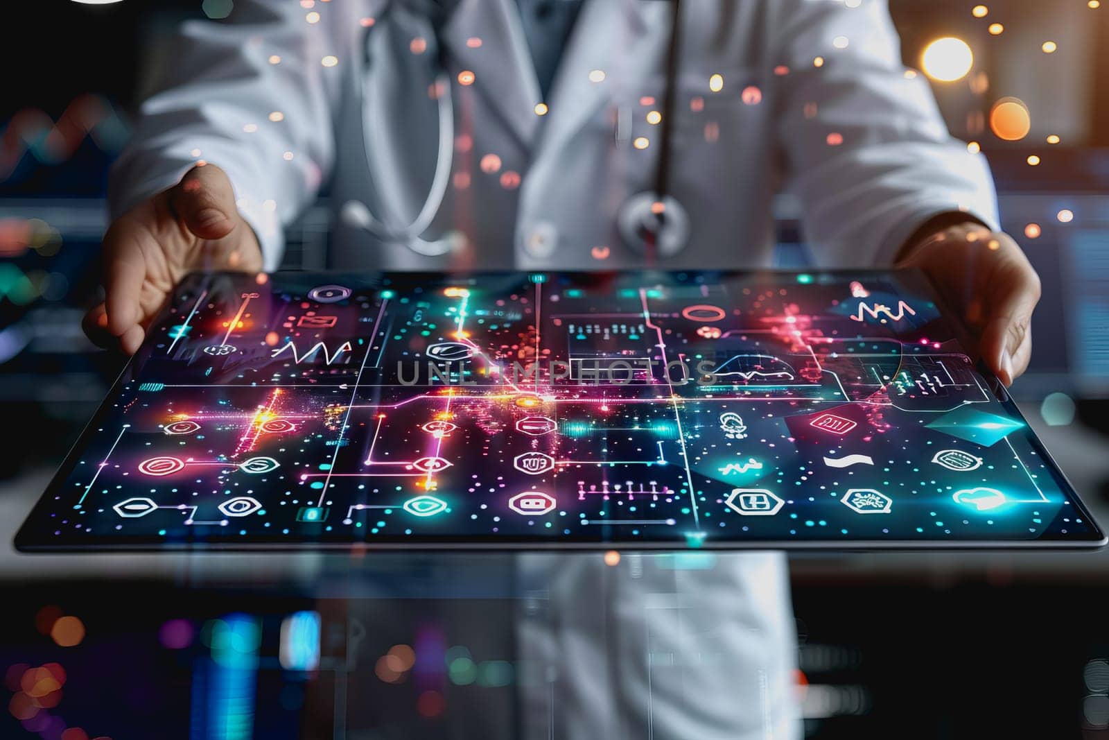 scientist is using a high tech dashboard to analyze science and Research data, technology futuristic.