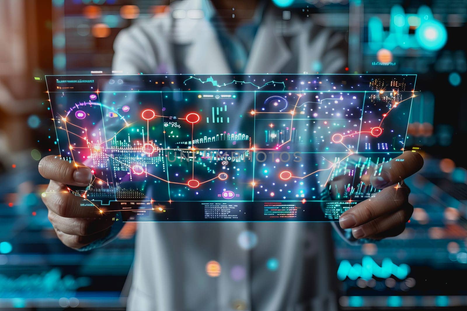 scientist is using a high tech dashboard to analyze science and Research data, technology futuristic.