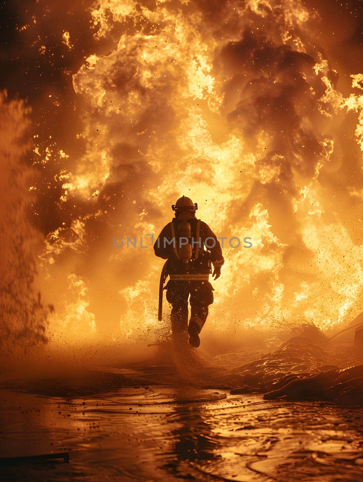 A fireman races through the blazing inferno, using water to extinguish the flames. The heat of the fire contrasts with the cool sky and lake in the horizon