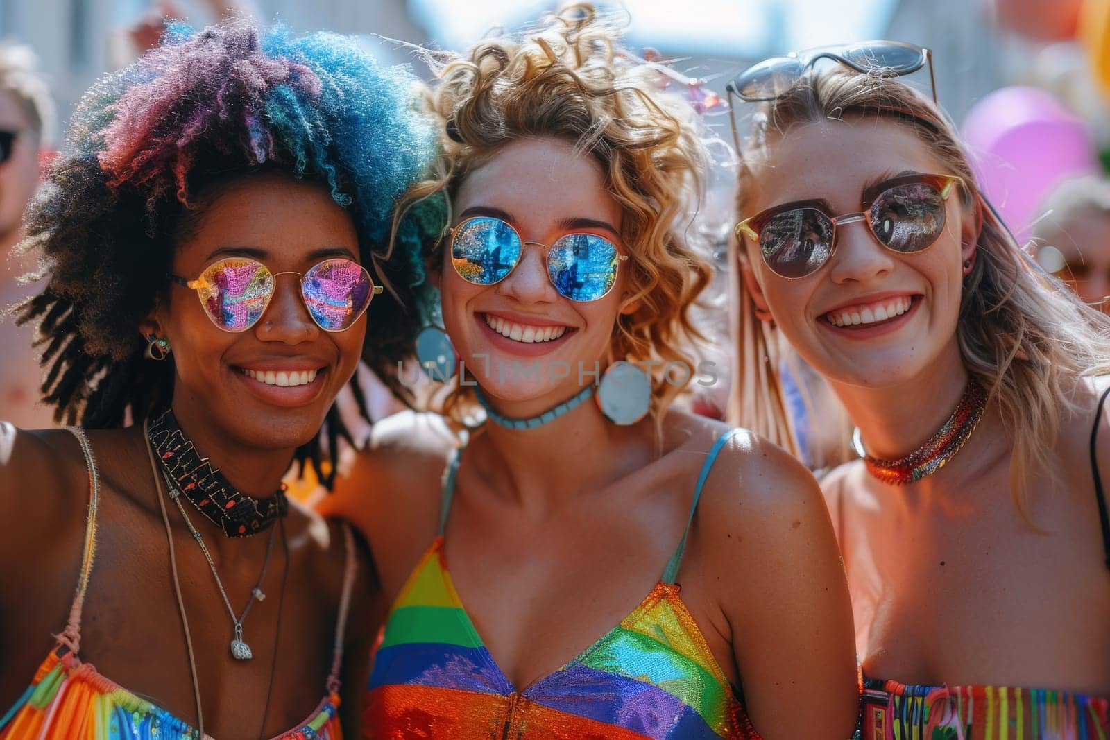 Three women wearing rainbow clothing and sunglasses are smiling for the camera. Scene is happy and celebratory, as the women are posing for a photo together