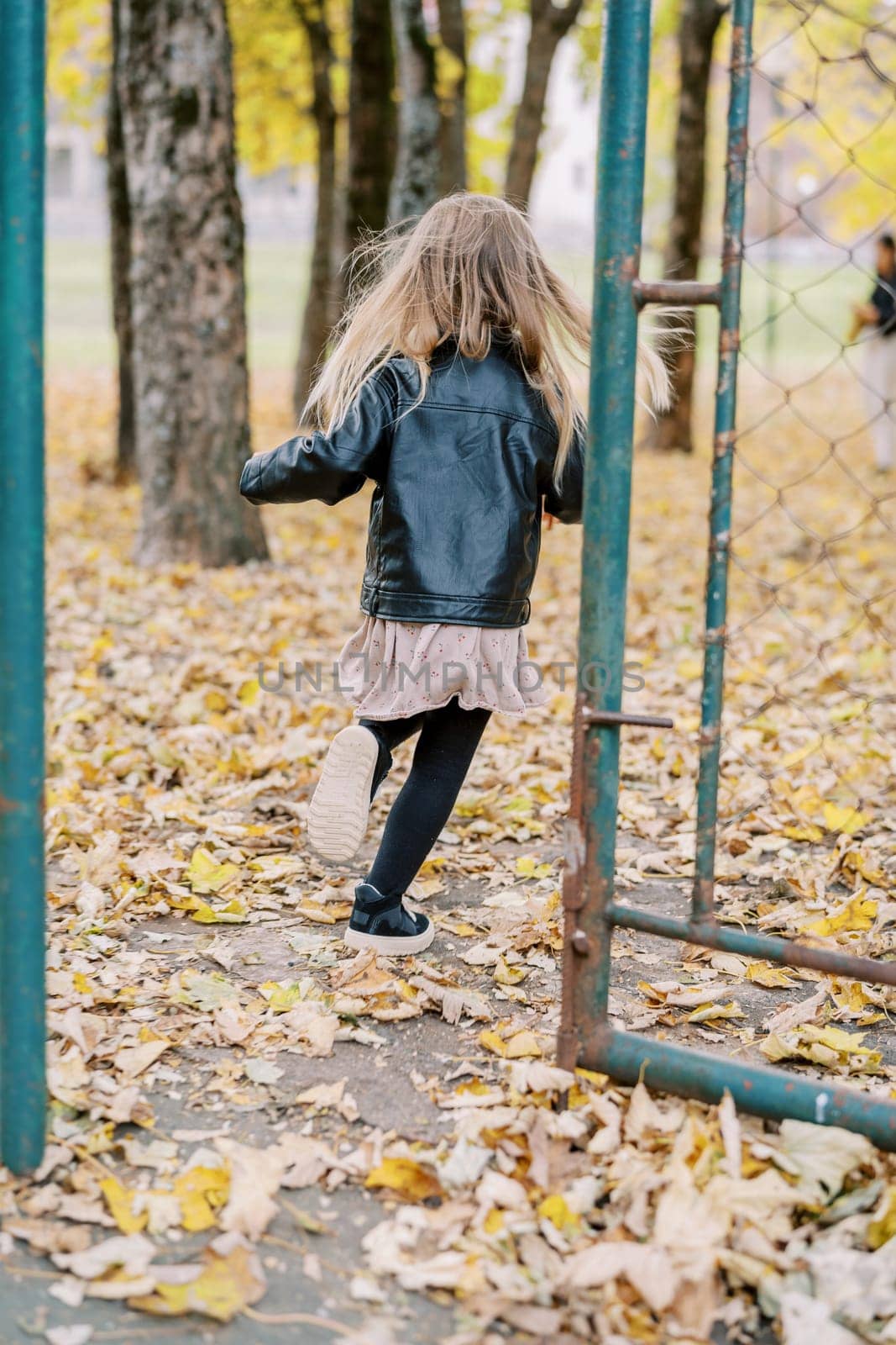 Little girl runs into an autumn park past the gate of a mesh fence. Back view. High quality photo