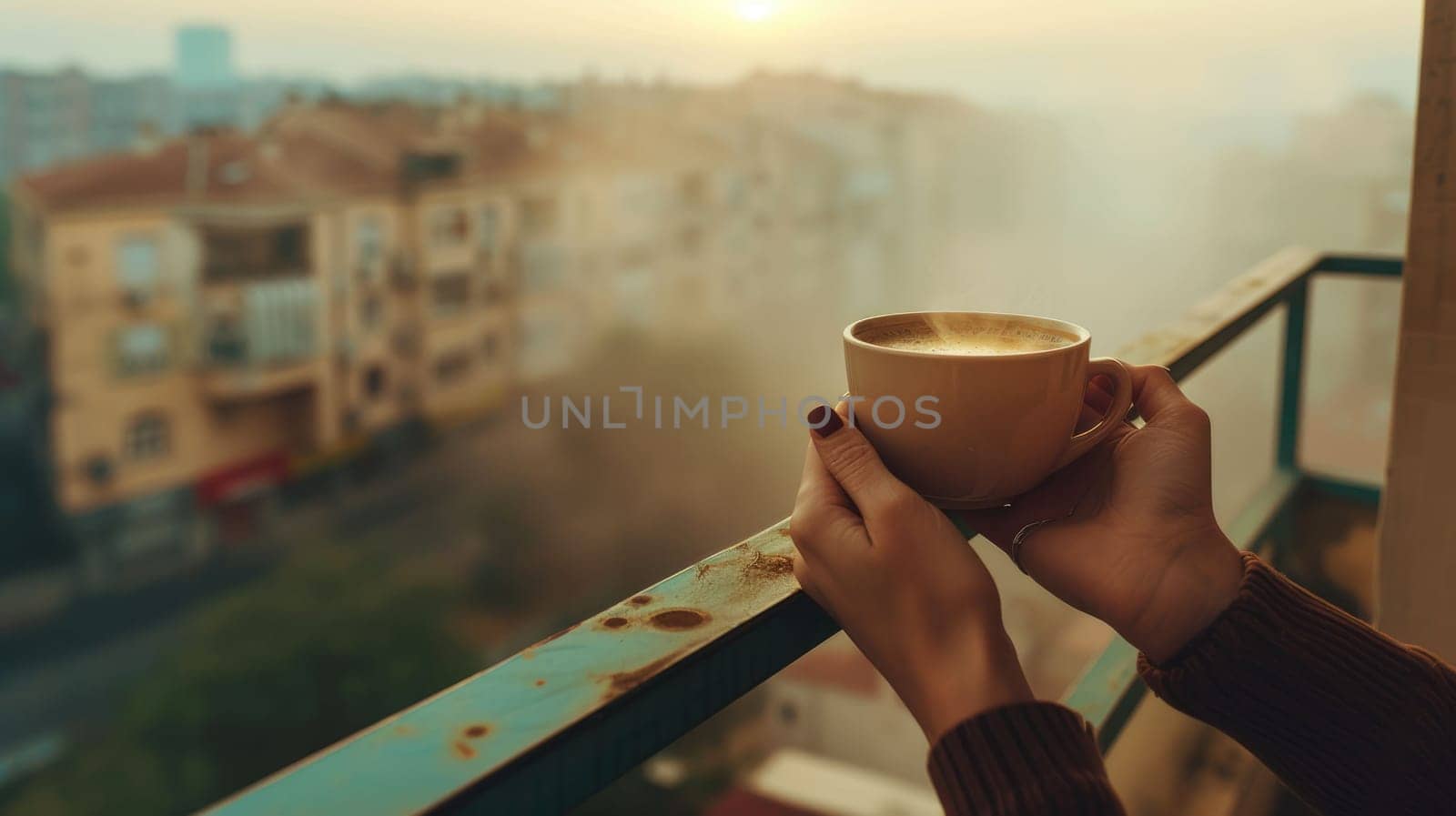 The picture of the person holding the cup of the coffee or other type of beverages on the top of the building in the morning with the bright of the sun that can be portray as the relaxation. AIG43.