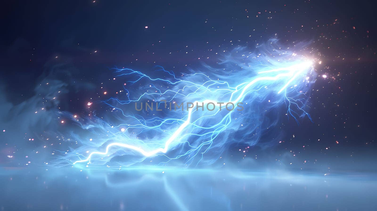 Electric blue lightning bolt pierces through dark stormy atmosphere by Nadtochiy