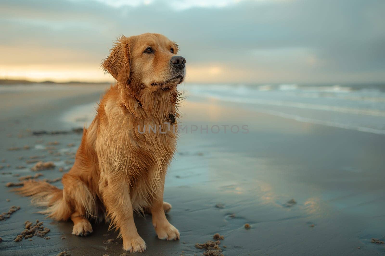Happy golden retriever on the beach
