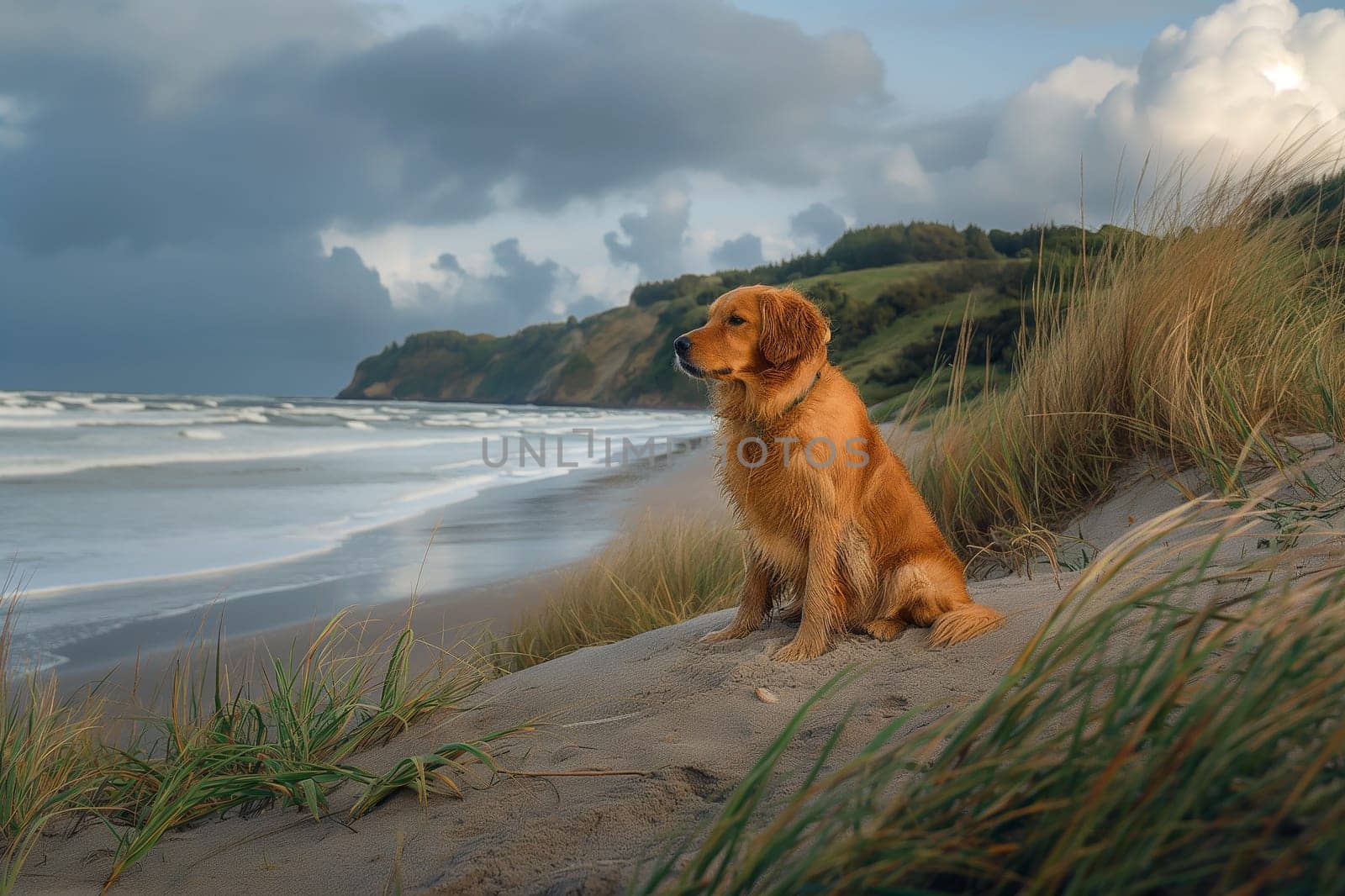 Happy golden retriever on the beach