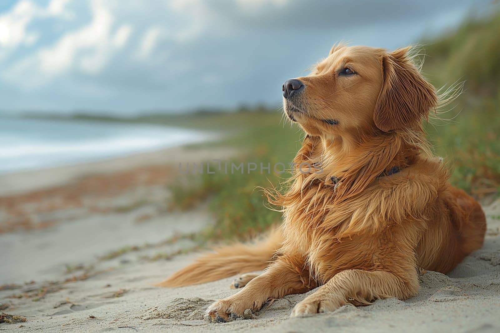 Happy golden retriever on the beach