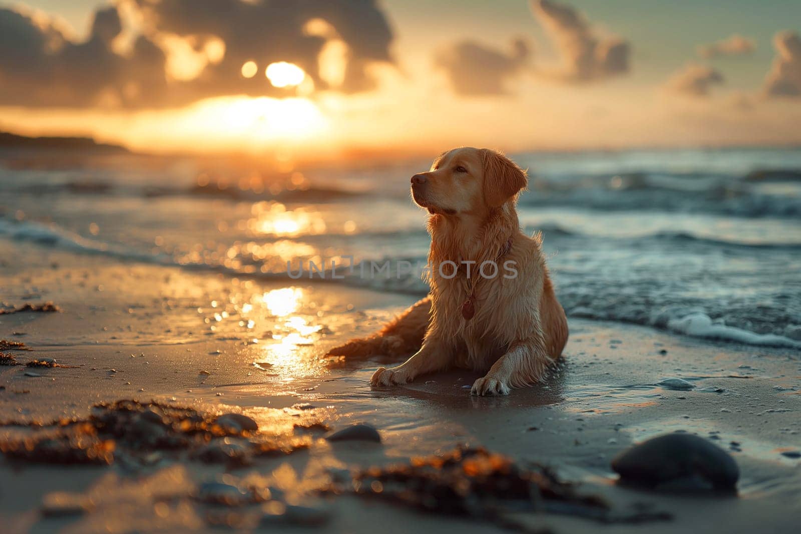 Happy golden retriever on the beach