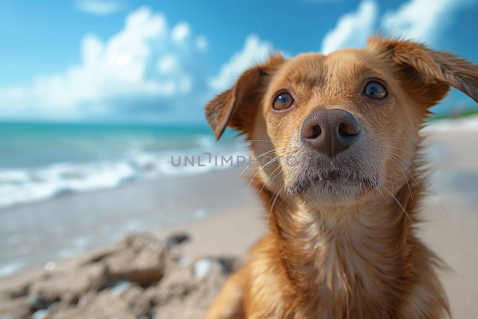 Happy dog enjoying a sunset on the beach