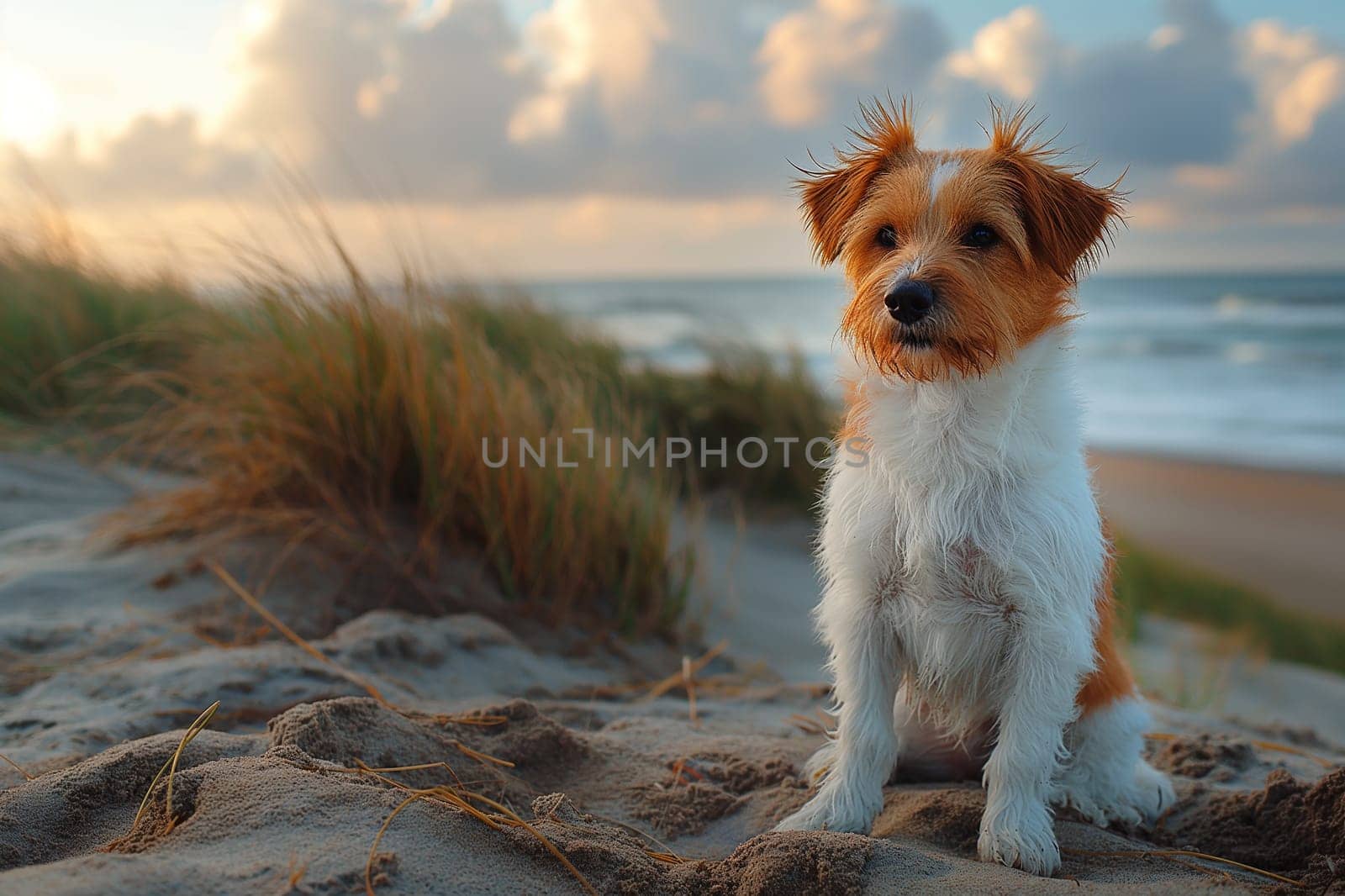 Happy dog enjoying a sunset on the beach